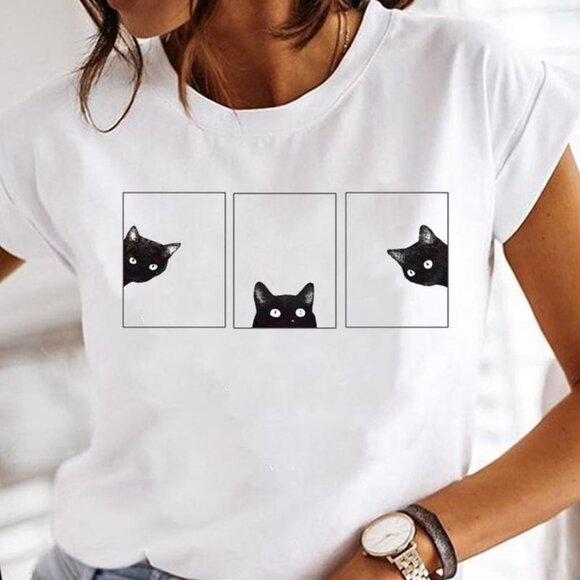 Tops - Cat Lovely Lady Print Short Sleeve, Cat Shirt, Funny Shirt
